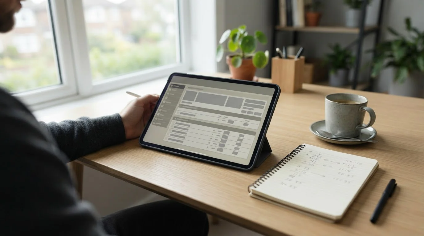 Ruhiger Arbeitsplatz mit Tablet und Notizen zum Thema Sportwetten-Einzahlungen