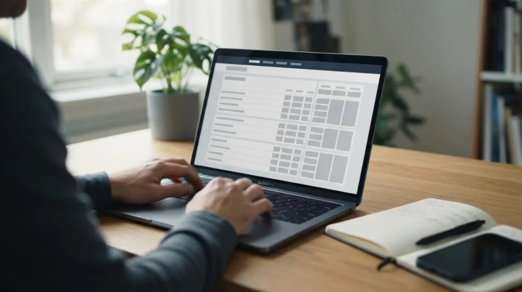 Laptop auf aufgeräumtem Schreibtisch mit neutraler Wettvergleich-Oberfläche für 5 Euro Sportwetten