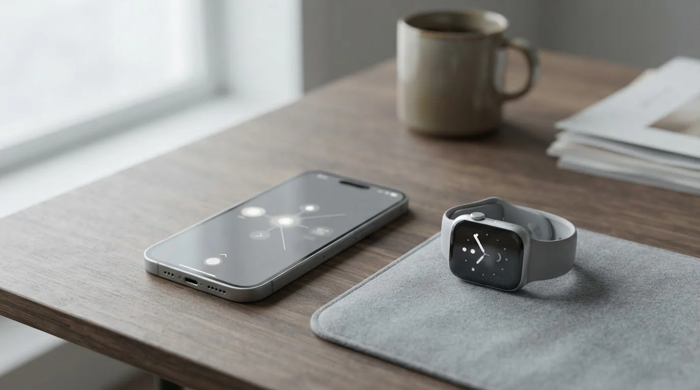 iPhone und Smartwatch liegen auf Schreibtisch als technische Voraussetzung