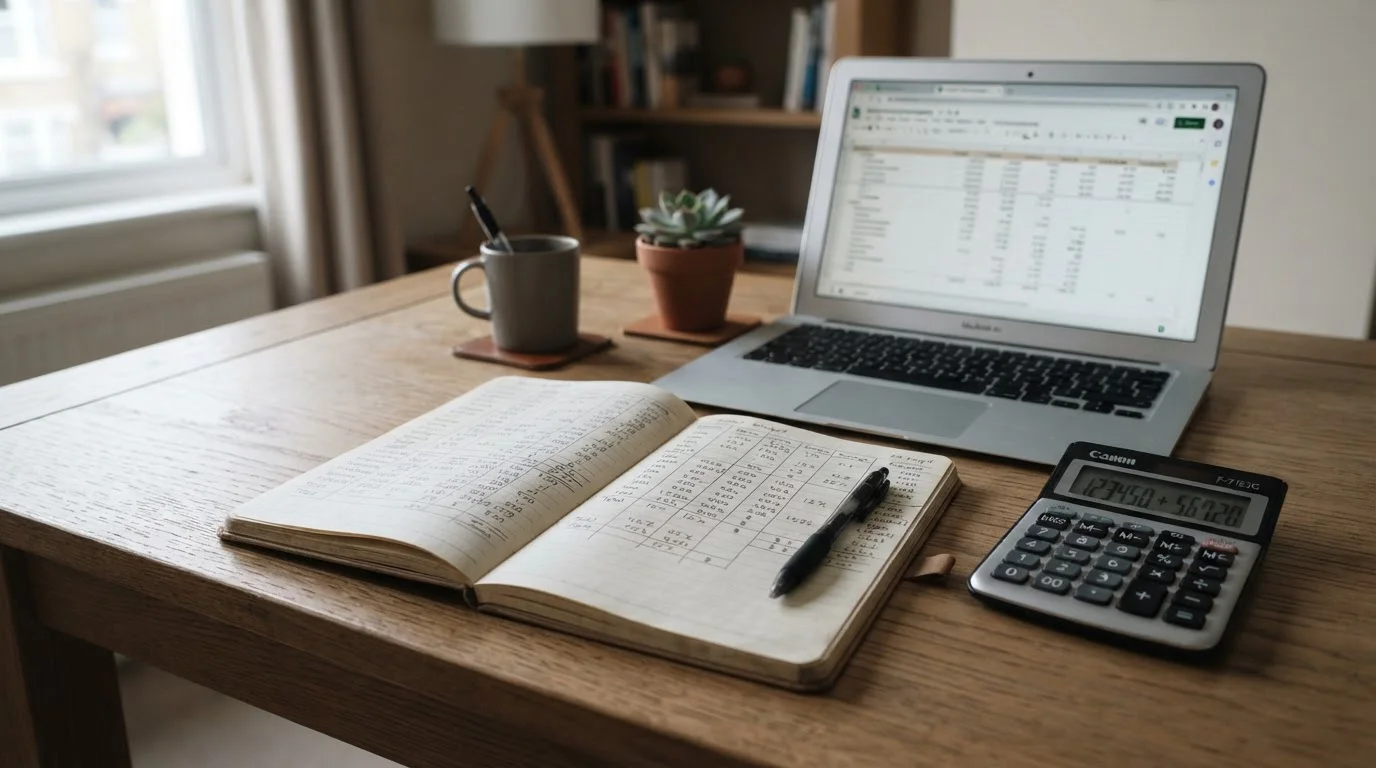 Finanzplanung mit Taschenrechner und neutralen Budgettabellen
