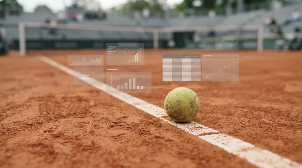 Davis Cup Tennis-Szene mit abstraktem Quoten-Vergleich im Hintergrund