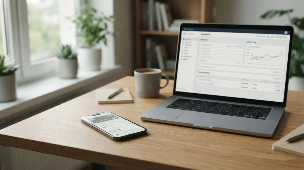 Smartphone mit Aircash-App auf einem Schreibtisch neben neutralem Laptop-Bildschirm
