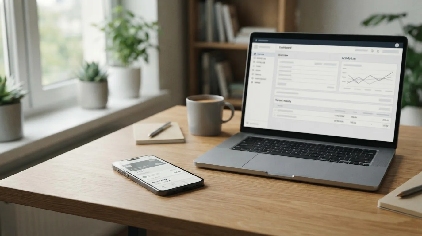 Smartphone mit Aircash-App auf einem Schreibtisch neben neutralem Laptop-Bildschirm