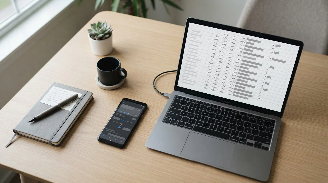 Smartphone mit neutraler Zahlungs-App auf einem Schreibtisch neben einem Laptop