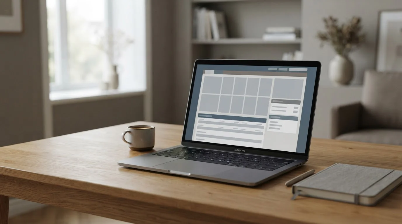 Laptop mit Wettanbieter-Oberfläche auf einem neutralen Schreibtisch