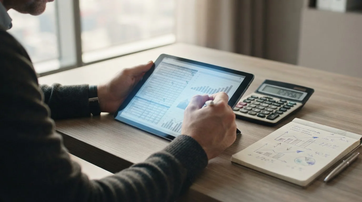 Person analysiert Transaktionsgebühren auf einem Tablet mit Taschenrechner